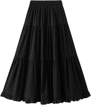 Women's Tiered Pleated Midi Skirt Summer High Waist Flowy A-Line Skirts Bohemian Ruffle Casual Vacation Beach Skirt