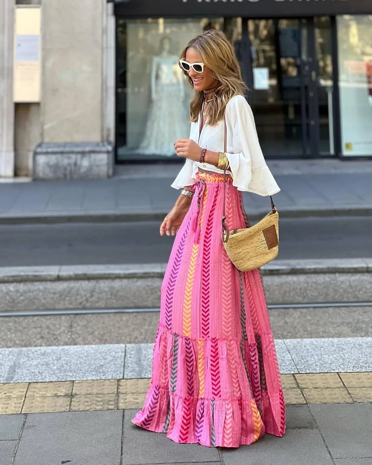 Women's Vintage Boho Floral Print Tiered Elastic High Waist Skirt 2024 Spring Summer A-Line Flowy Swing Maxi Skirts