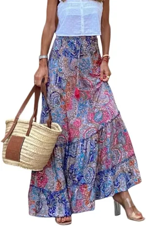Women's Vintage Boho Floral Print Tiered Elastic High Waist Skirt 2024 Spring Summer A-Line Flowy Swing Maxi Skirts