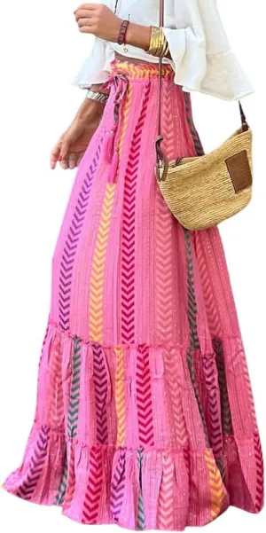 Women's Vintage Boho Floral Print Tiered Elastic High Waist Skirt 2024 Spring Summer A-Line Flowy Swing Maxi Skirts