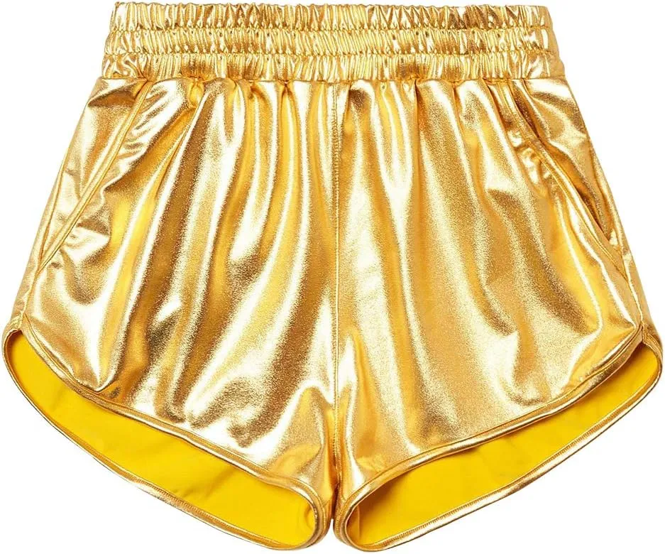 Women's Yoga Hot Shorts Elastic Waist Shiny Metallic Short Pants