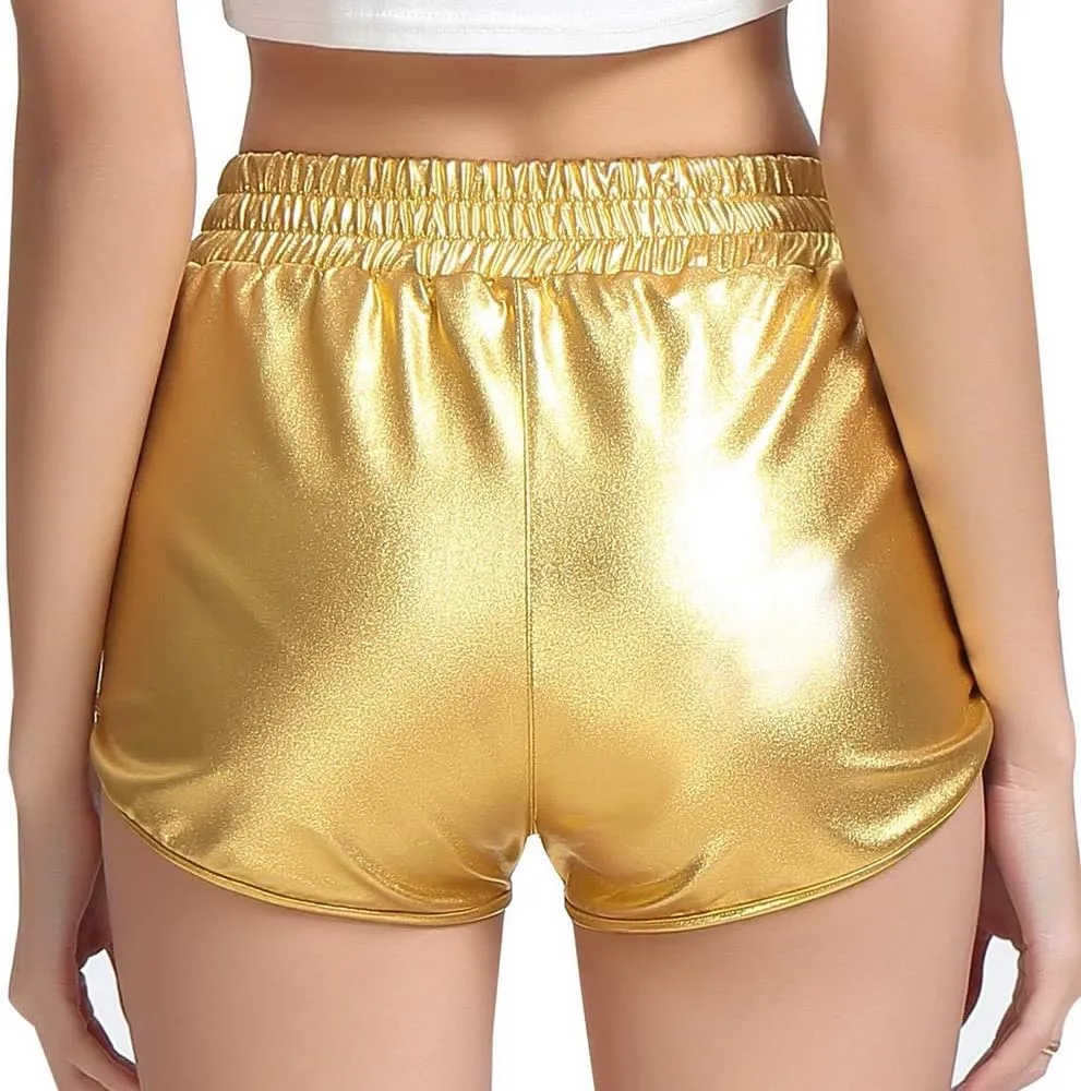 Women's Yoga Hot Shorts Elastic Waist Shiny Metallic Short Pants