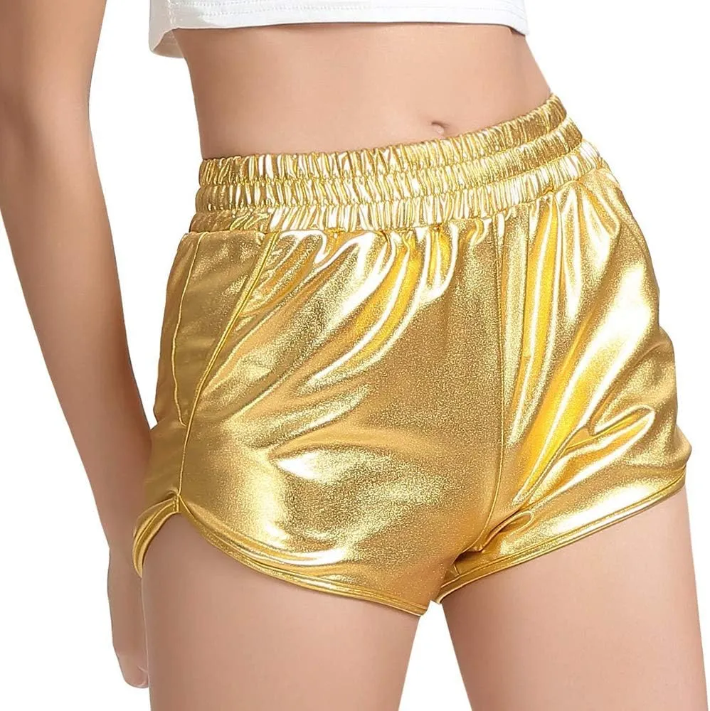 Women's Yoga Hot Shorts Elastic Waist Shiny Metallic Short Pants