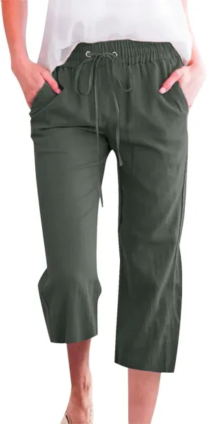 Work Pants Women Solid Color Cotton Linen Elastic Seven Pants Beach Plus Size Trendy Striped Spring Summer Gauze Pants