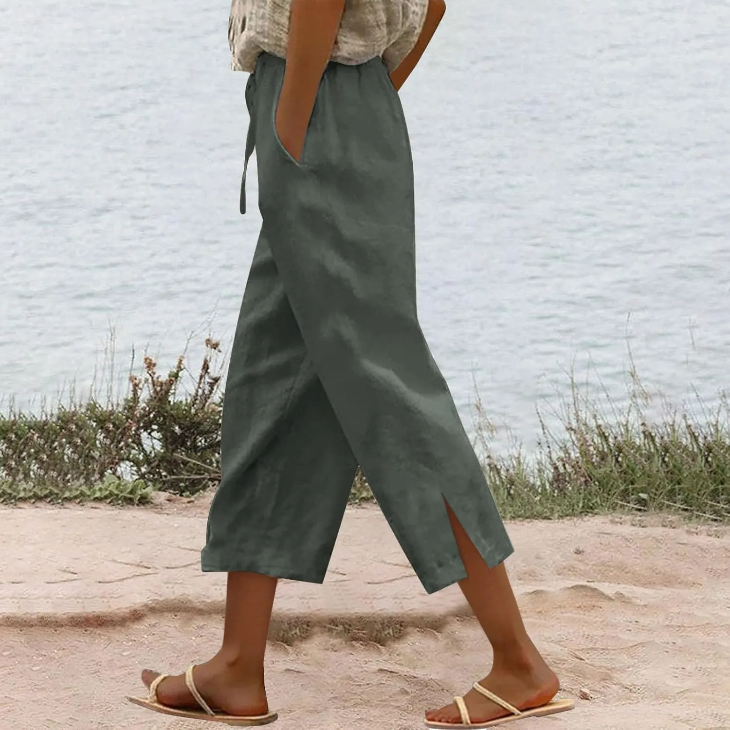 Work Pants Women Solid Color Cotton Linen Elastic Seven Pants Beach Plus Size Trendy Striped Spring Summer Gauze Pants