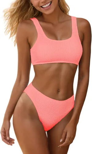 YIMISAN Womens Ribbed Bikini Set Crop Top Sporty Swimsuits with Mid Waist Cheeky Two Piece Bathing Suit