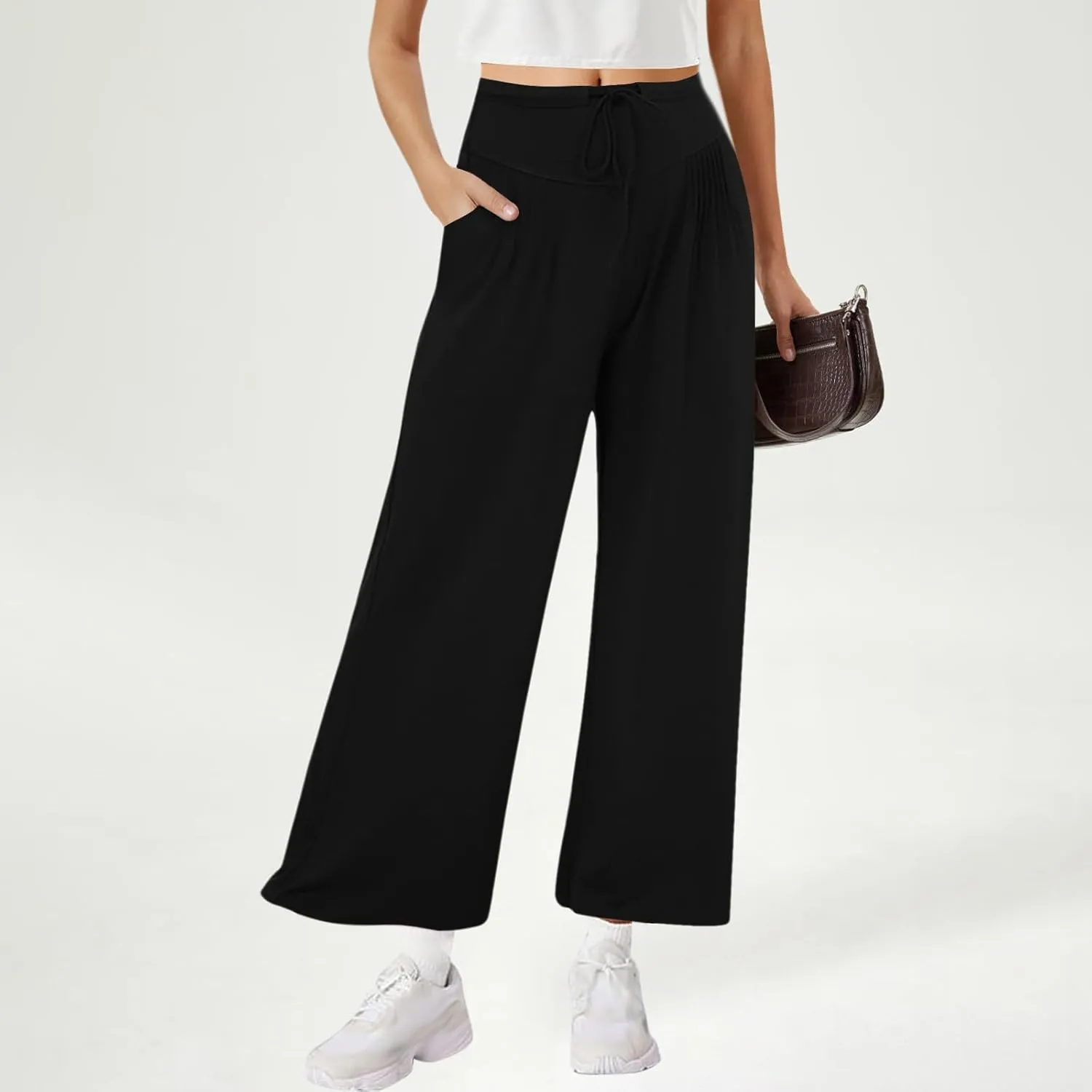 Yoga Pants Women with Pockets High Waist Wide Leg Flowy Palazzo Pants Summer Loose Fit Comfy Capri Trousers