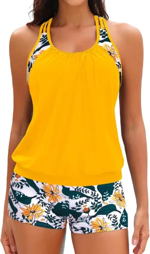 Yonique Two Piece Tankini Bathing Suits T-Back Blouson Swim Tops with Boy Shorts Women Swimsuits Sporty Swimwear