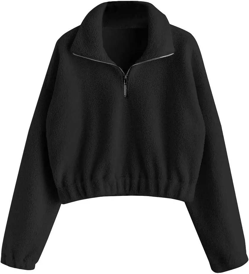 ZAFUL Women's Faux Fur Pullover Half Zip Long Sleeve Crop Sweatshirt Tops