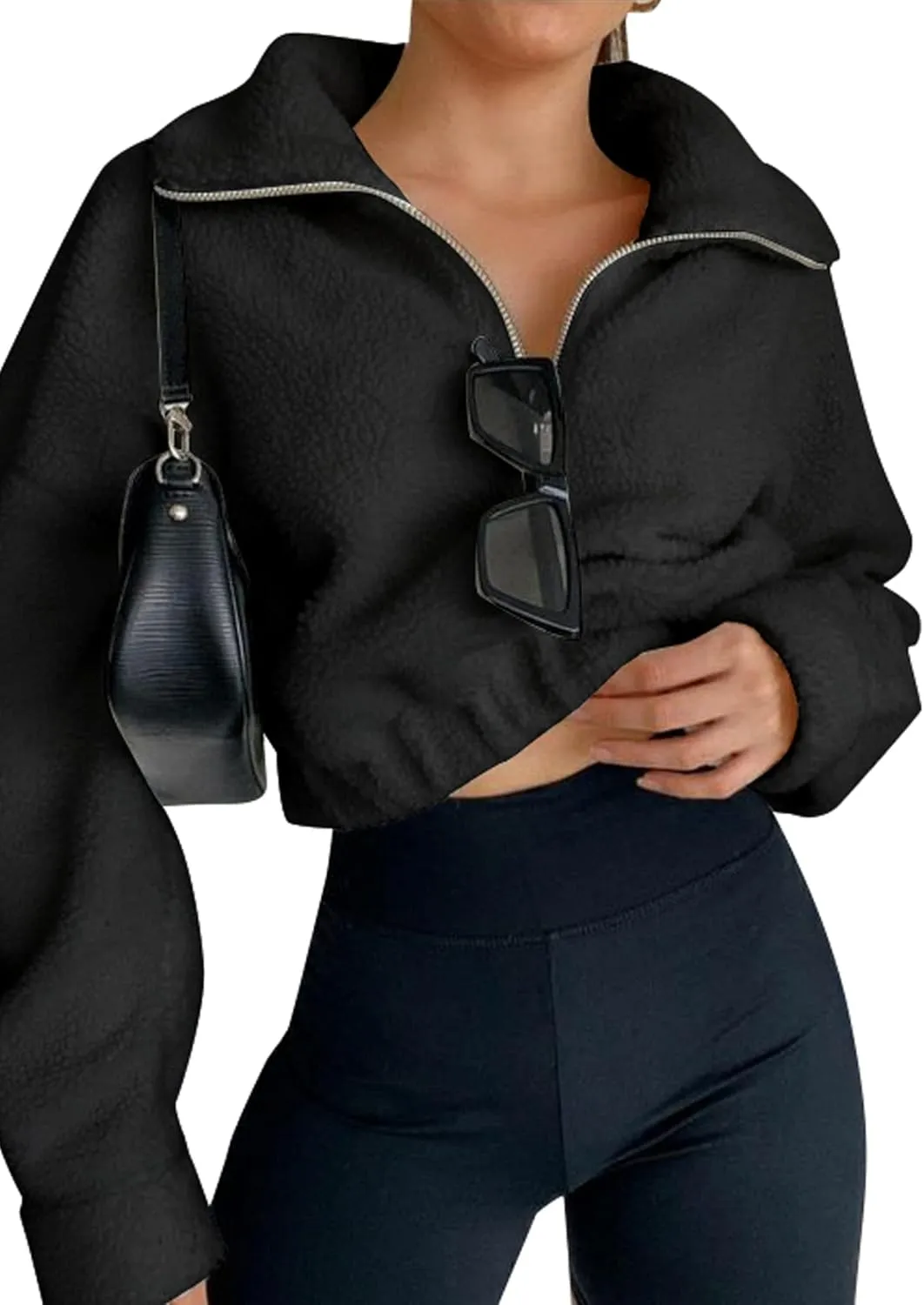 ZAFUL Women's Faux Fur Pullover Half Zip Long Sleeve Crop Sweatshirt Tops