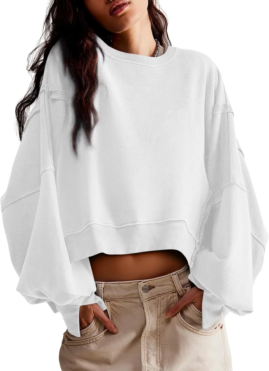 Zwurew Womens Casual Sweatshirt Long Sleeve Tops Crewneck Loose Fit Tee Pullover Crop Tshirt Side Slit Fall Fashion 2024