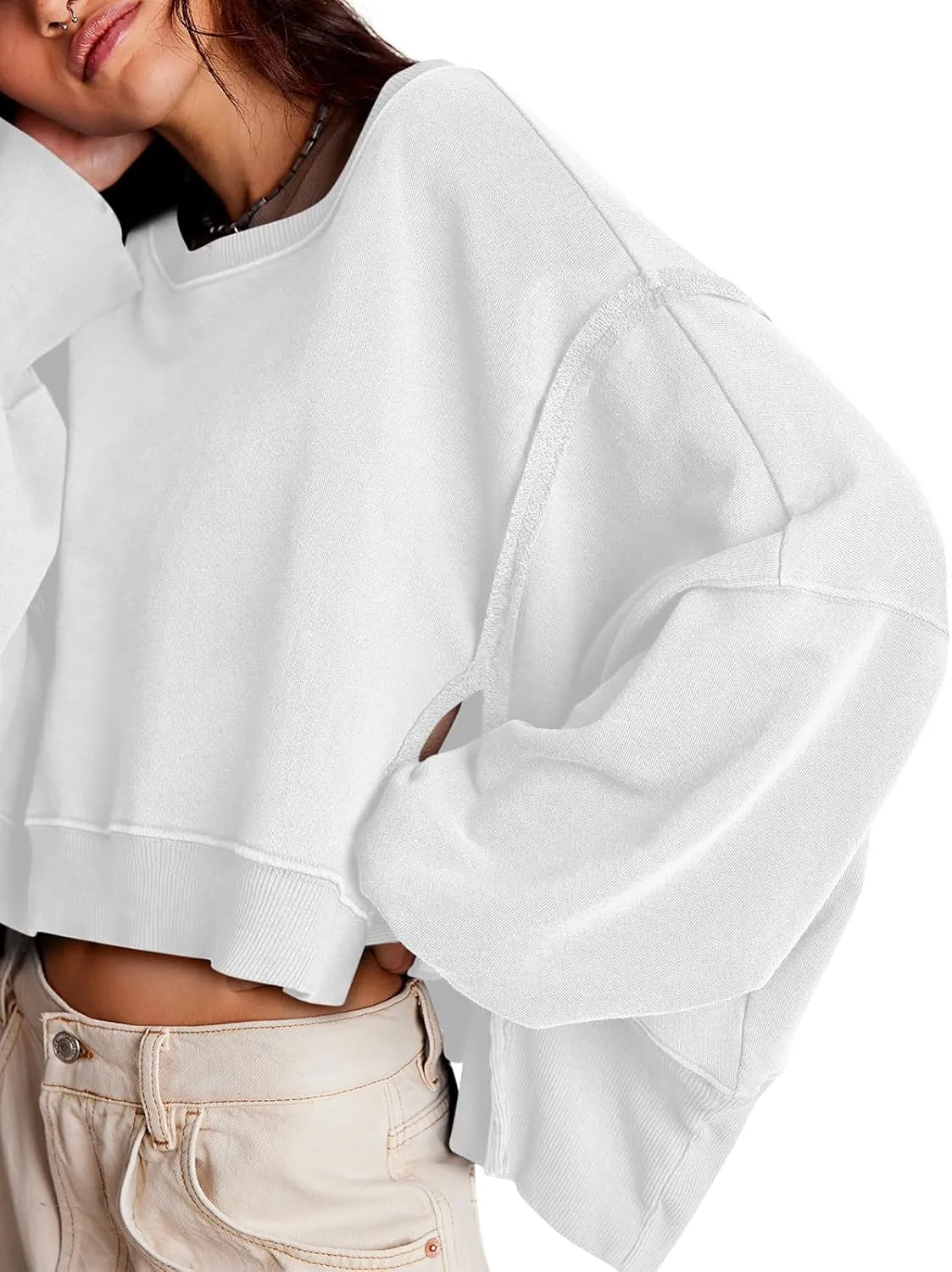Zwurew Womens Casual Sweatshirt Long Sleeve Tops Crewneck Loose Fit Tee Pullover Crop Tshirt Side Slit Fall Fashion 2024