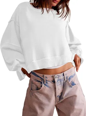 Zwurew Womens Casual Sweatshirt Long Sleeve Tops Crewneck Loose Fit Tee Pullover Crop Tshirt Side Slit Fall Fashion 2024